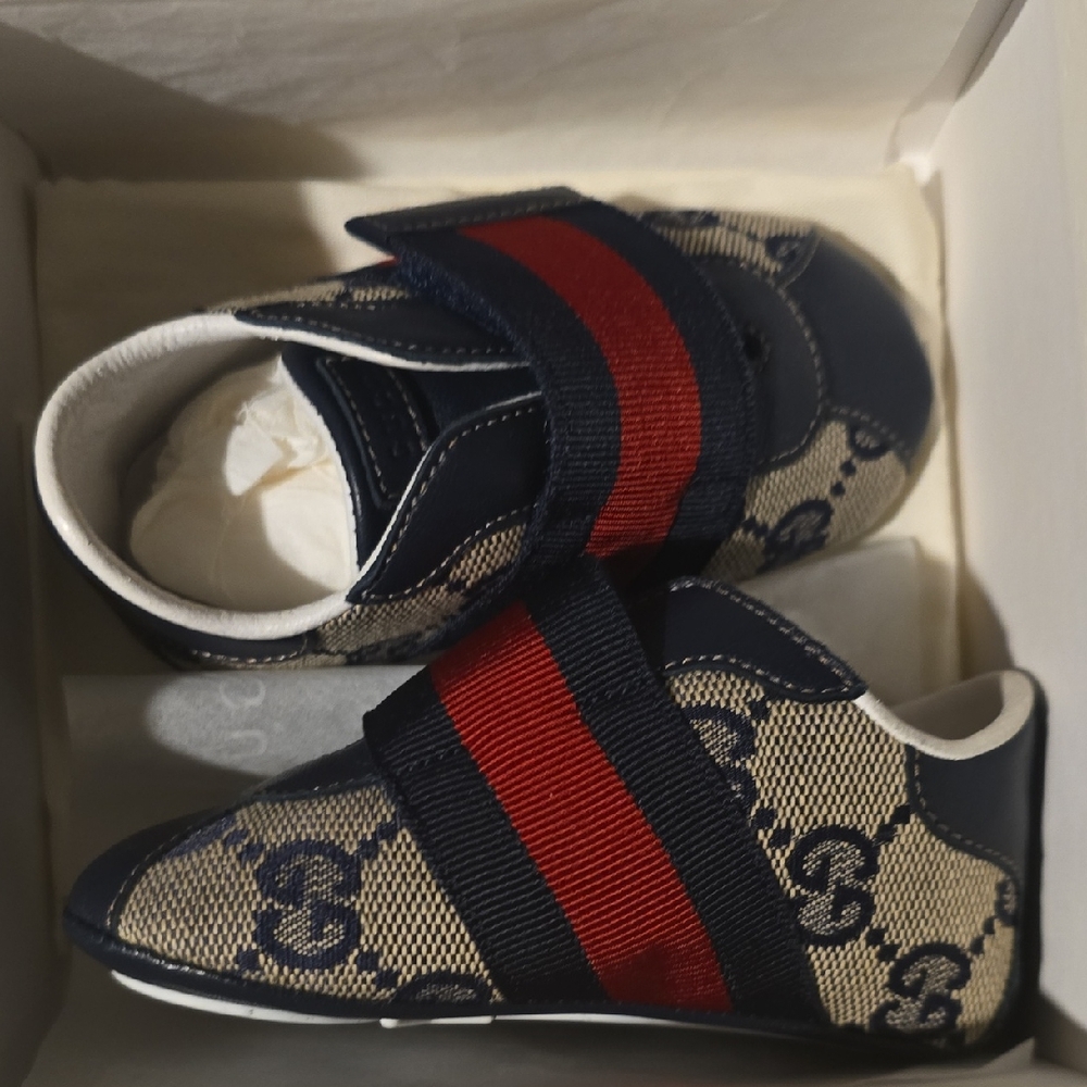 Gucci Blue and Red Baby Walker Shoes with Velcro Closure
